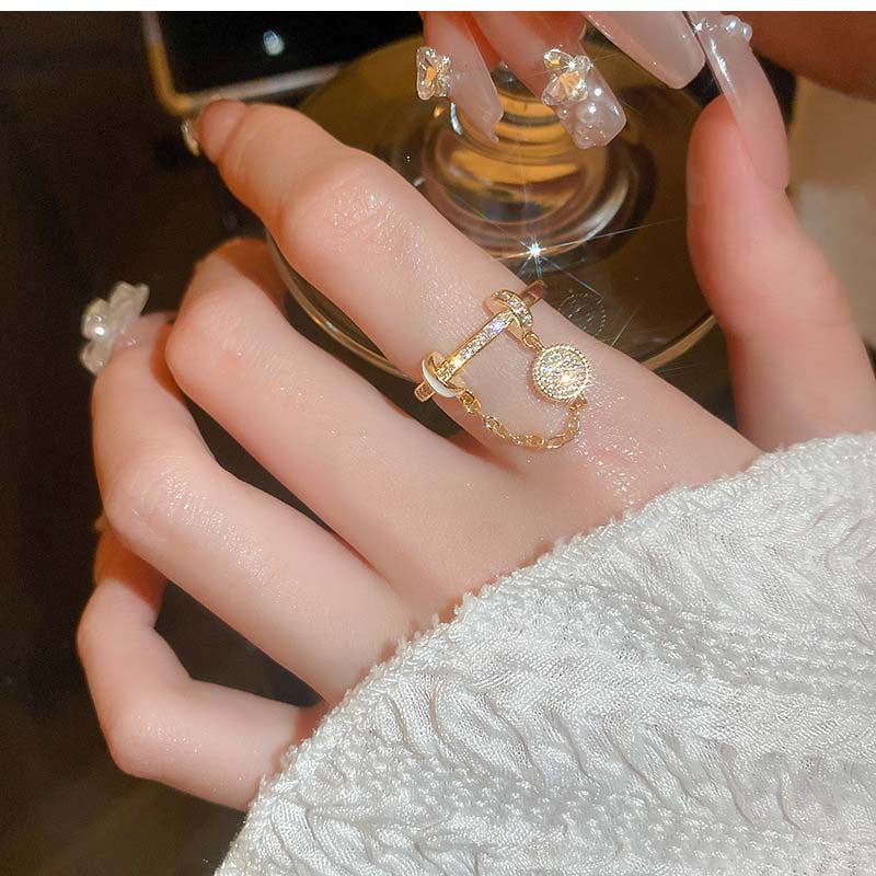 Zircon Diamond Round Chain Tassel Real Gold-plated Ring Niche Light Luxury High-end All-match Open Finger Ring