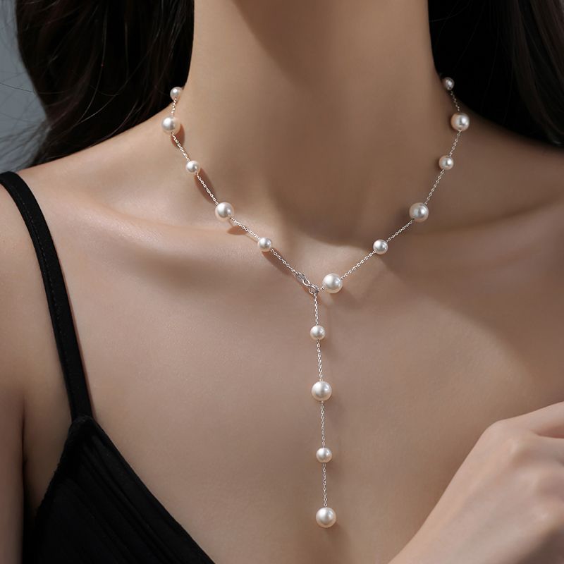 Gypsophila Pearl Necklace Women's 925 Silver Titanium Steel Perfect Round Light Luxury Niche High-End Clavicle Chain Sweater Chain