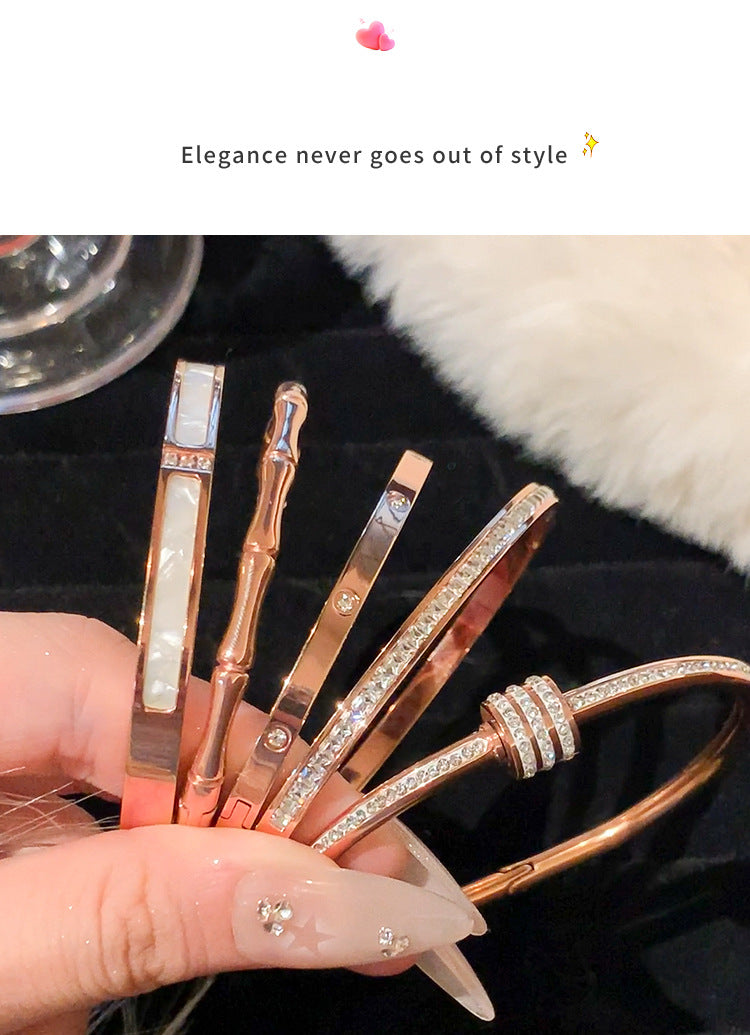 Rose Gold Titanium Steel Bracelet Women's High-end Bracelet Light Luxury Niche Zircon Bracelet Plain Ring Bracelet Hand Jewelry