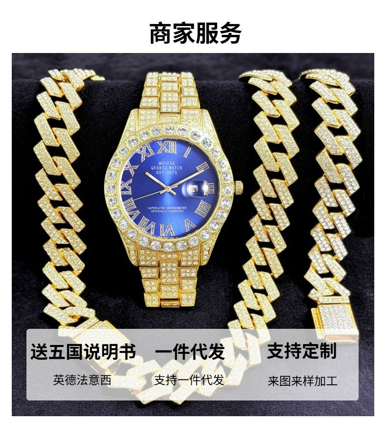 Women's 16-Piece Crystal Watch & Jewelry Set of Various Diamond-Encrusted Watches, Diamond-Shaped Cuban Bracelets and Necklaces