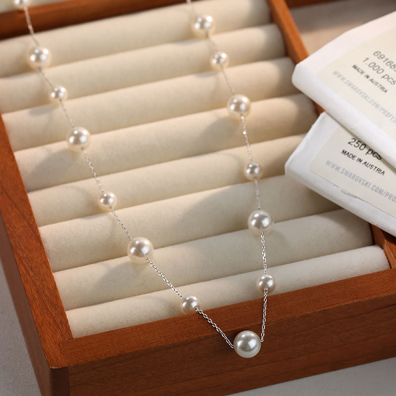Gypsophila Pearl Necklace Women's 925 Silver Titanium Steel Perfect Round Light Luxury Niche High-End Clavicle Chain Sweater Chain