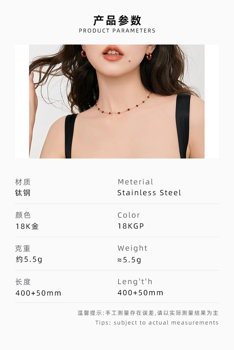 French Retro Interval Red Spinel Beaded Necklace Titanium Steel Electroplated 18K Gold High-grade Women's Clavicle Chain Light Luxury