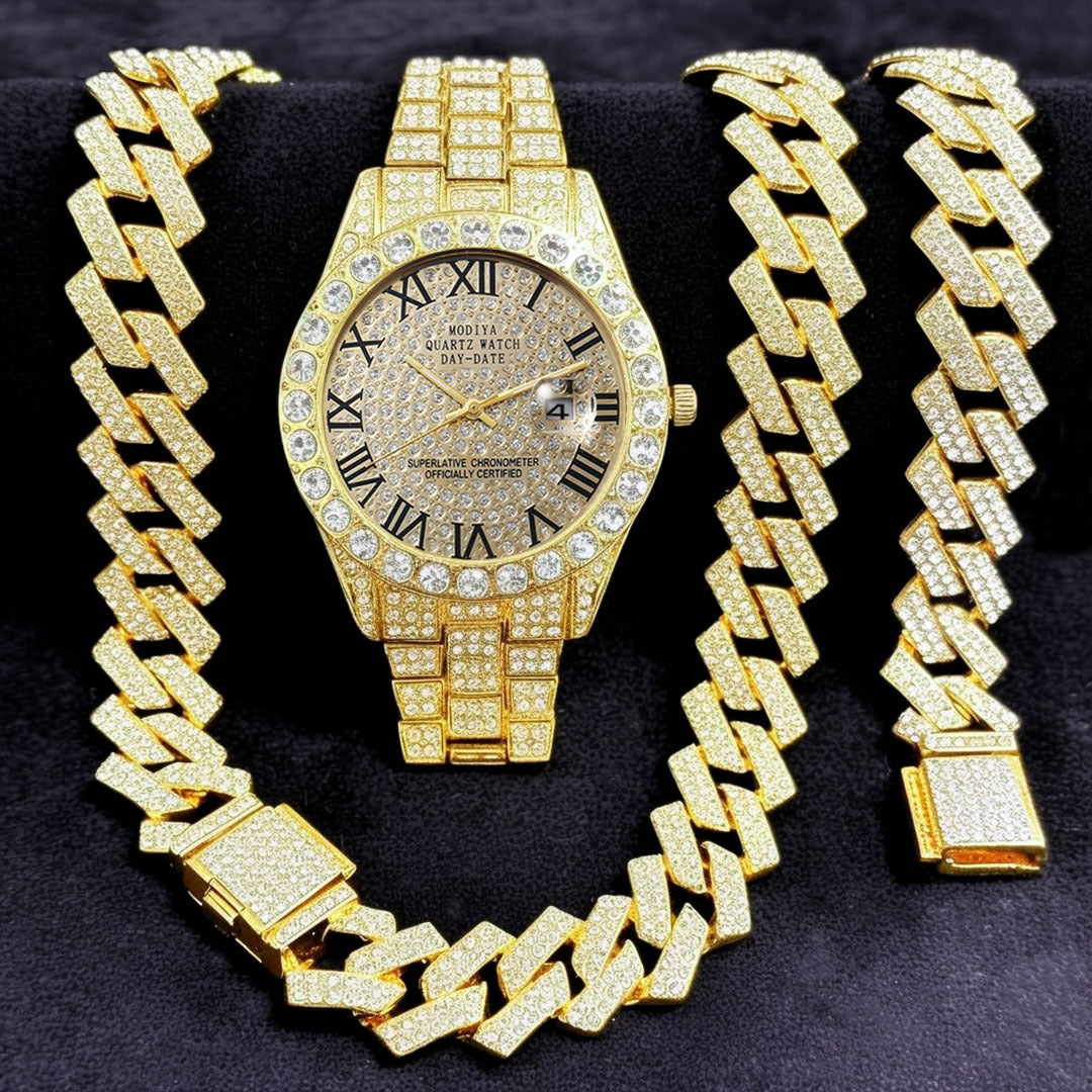 Women's 16-Piece Crystal Watch & Jewelry Set of Various Diamond-Encrusted Watches, Diamond-Shaped Cuban Bracelets and Necklaces