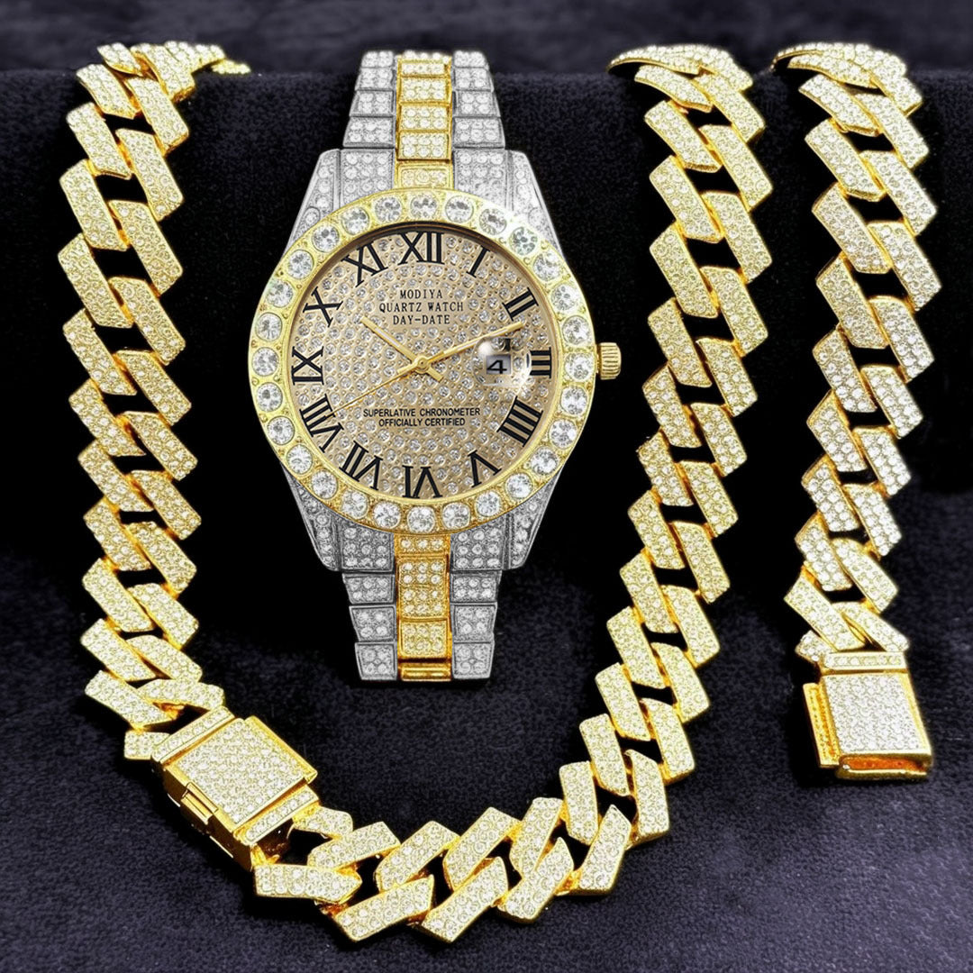Women's 16-Piece Crystal Watch & Jewelry Set of Various Diamond-Encrusted Watches, Diamond-Shaped Cuban Bracelets and Necklaces