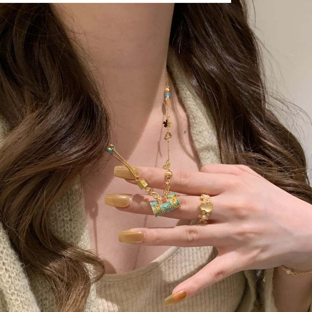 New Boutique Light Luxury High-grade Brushed Inlaid Zircon Enamel Longlife Lock Necklace Female Niche All-match Clavicle Chain