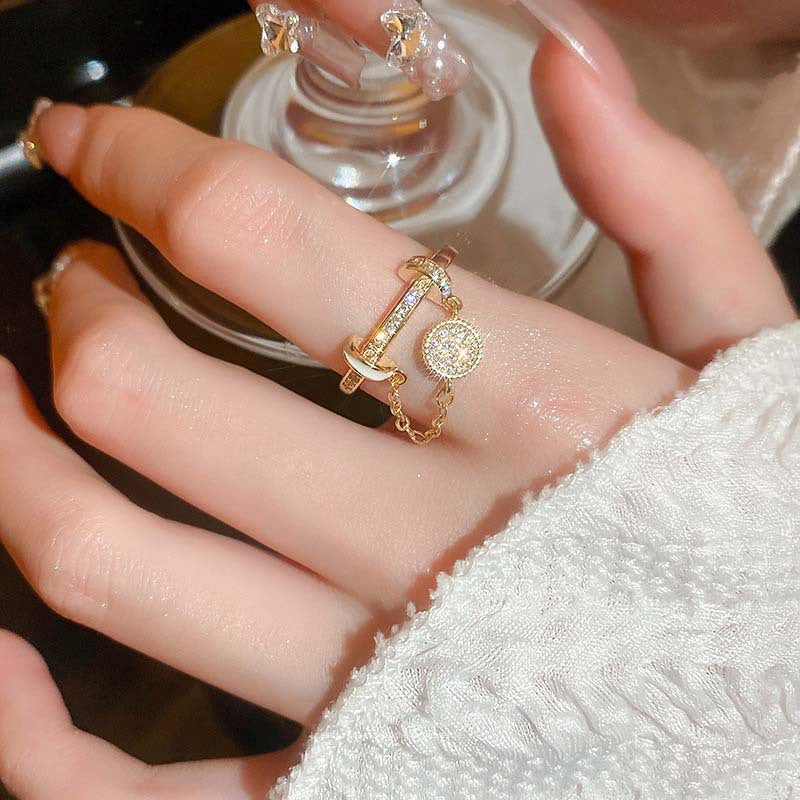 Zircon Diamond Round Chain Tassel Real Gold-plated Ring Niche Light Luxury High-end All-match Open Finger Ring