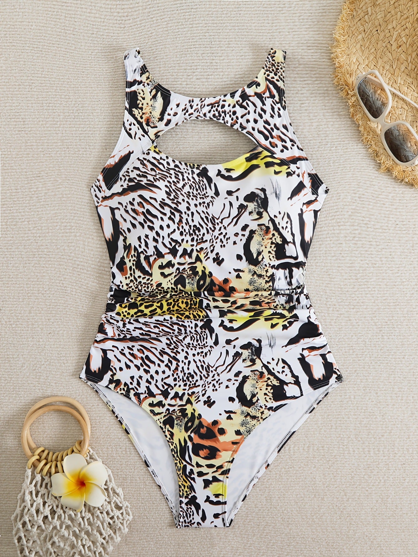 Cross-Border European and American New Style Sexy Backless Leopard Print Swimsuit for Women One-Piece Cut-Out Triangle Briefs One-Piece Swimwear