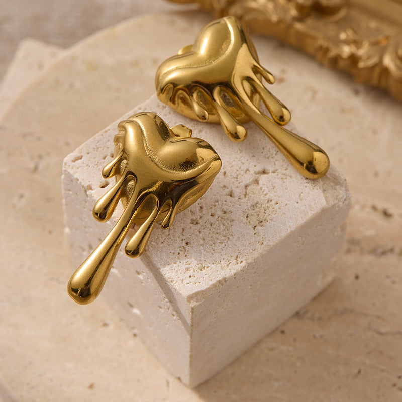 European and American Niche Design Melting Heart Earrings, Light Luxury Gold Lava Drop Heart-Shaped Earrings, Unique and Bold