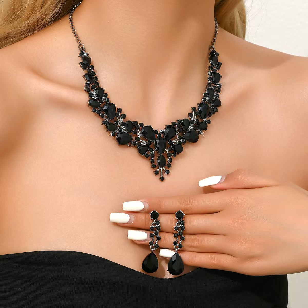 Amazon Cross-Border New European and American Light Luxury Necklace Earrings Wedding Jewelry Set Banquet Rhinestone Women's Jewelry