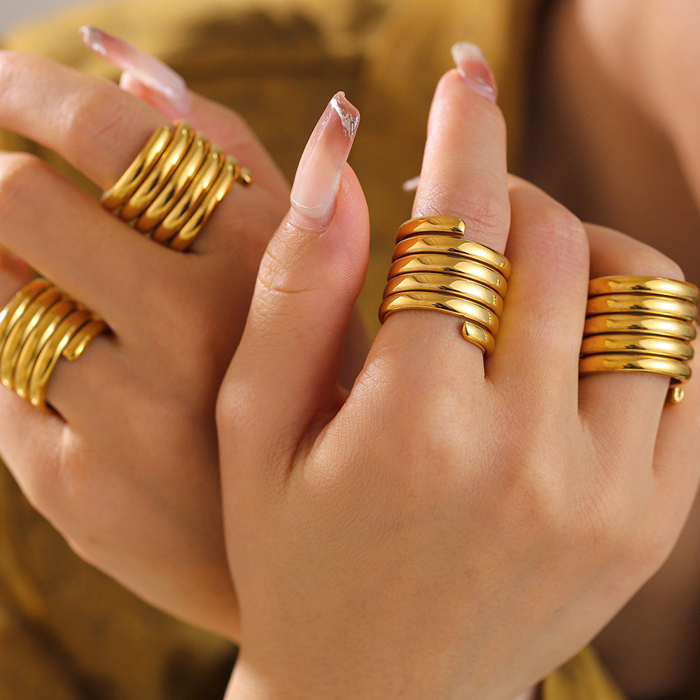 Baroque cross-border new geometric multi-layer winding wide version ring stainless steel plated 18k gold light luxury texture ring