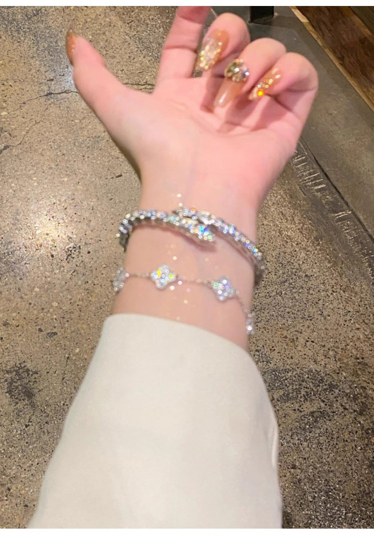 South Korea Ins Zircon Flower Leaf Bracelet Fashion Niche Design Sense Bracelet Light Luxury Shining Silver Bracelet suit
