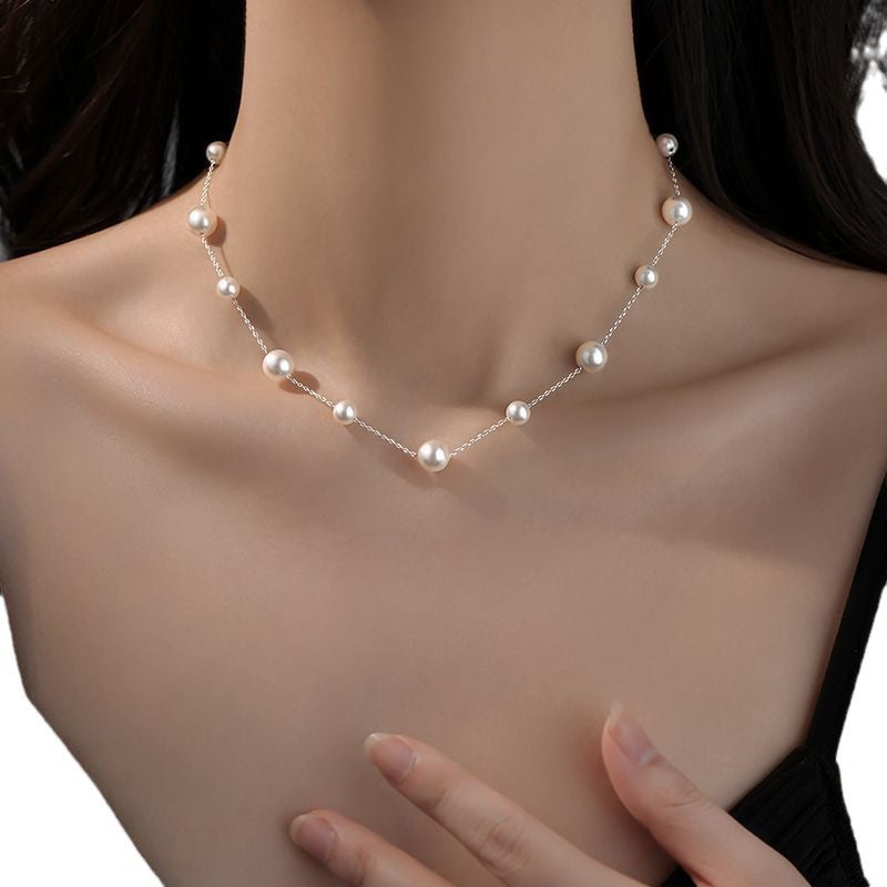 Gypsophila Pearl Necklace Women's 925 Silver Titanium Steel Perfect Round Light Luxury Niche High-End Clavicle Chain Sweater Chain