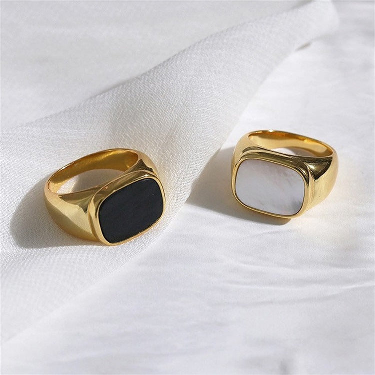 Niche Design Square White Mother-Of-Pearl Ring, Light Luxury Gold-Plated Index Finger Ring, Versatile and High-End Ring for Women