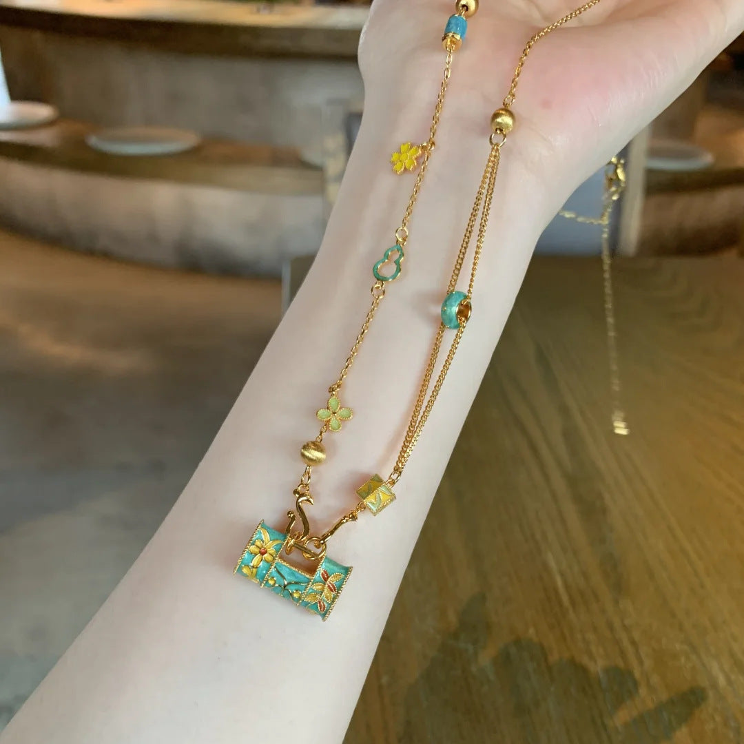 New Boutique Light Luxury High-grade Brushed Inlaid Zircon Enamel Longlife Lock Necklace Female Niche All-match Clavicle Chain