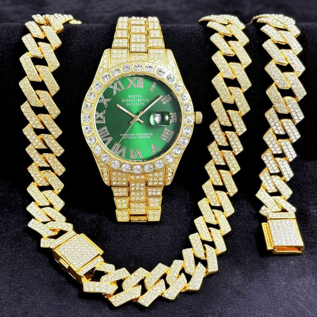 Women's 16-Piece Crystal Watch & Jewelry Set of Various Diamond-Encrusted Watches, Diamond-Shaped Cuban Bracelets and Necklaces