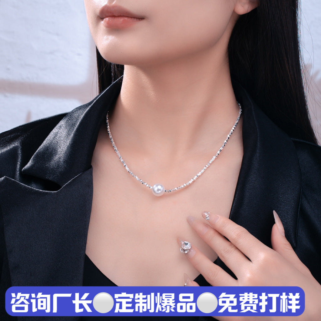 Light Luxury Women's Broken Silver Several Two Shijia Crystal Pearl Passepartout Clavicle Chain Niche Design Ins Trendy New All-Match