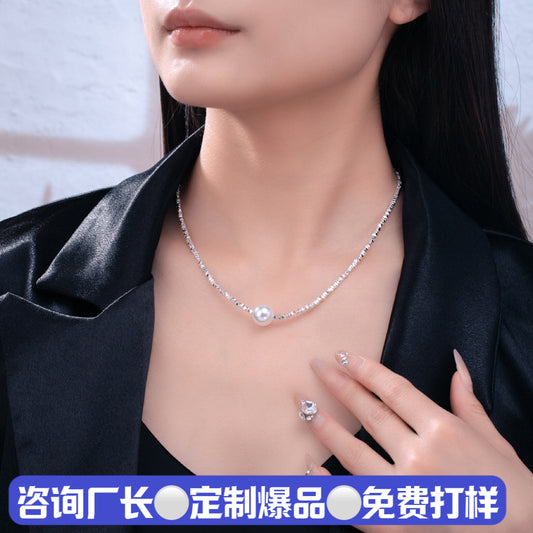 Light Luxury Women's Broken Silver Several Two Shijia Crystal Pearl Passepartout Clavicle Chain Niche Design Ins Trendy New All-Match