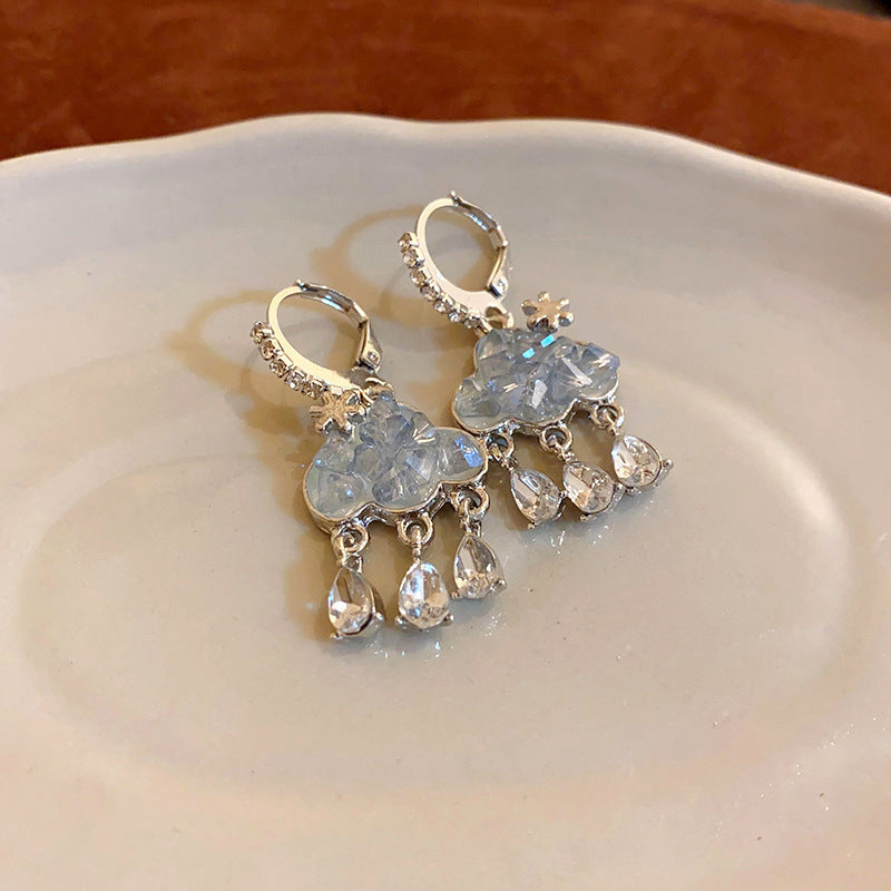 Unique Design Blue Rhinestone Earrings Cloud Tassel Earrings 2024 New Niche Accessible Luxury Versatile Earrings for Women
