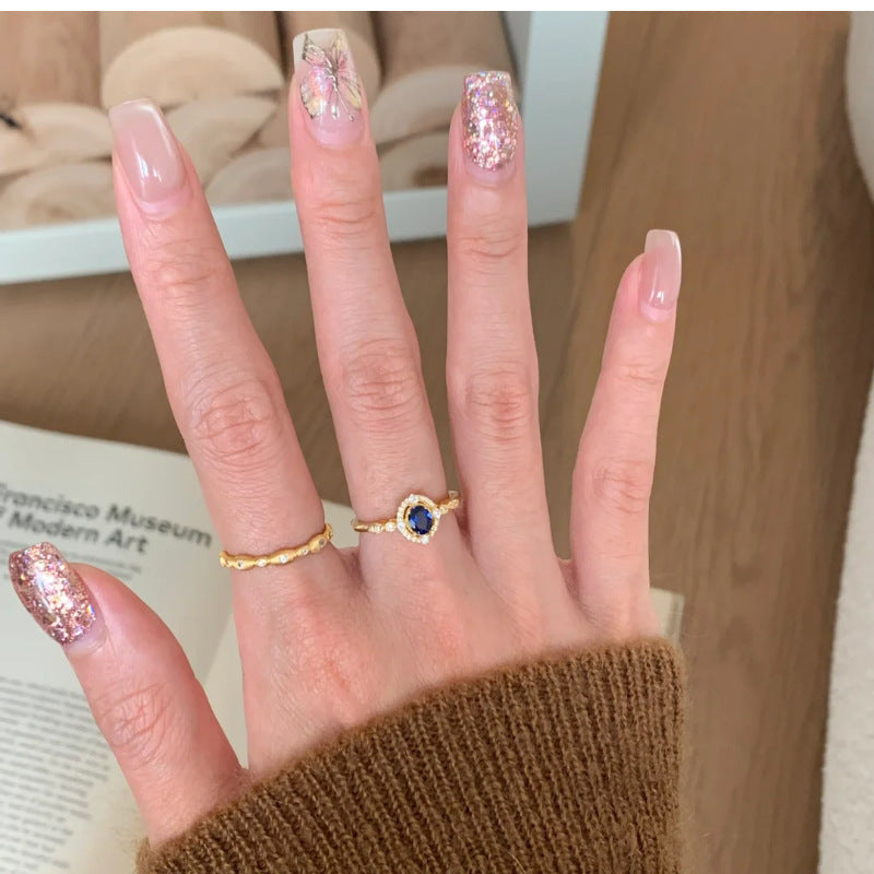 Niche Exquisite Royal Blue Zircon Ring Women's Fashion Distinctive Light Luxury All-match High-end Sense Stacked Open Finger Ring
