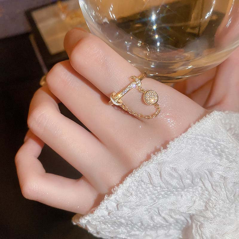 Zircon Diamond Round Chain Tassel Real Gold-plated Ring Niche Light Luxury High-end All-match Open Finger Ring
