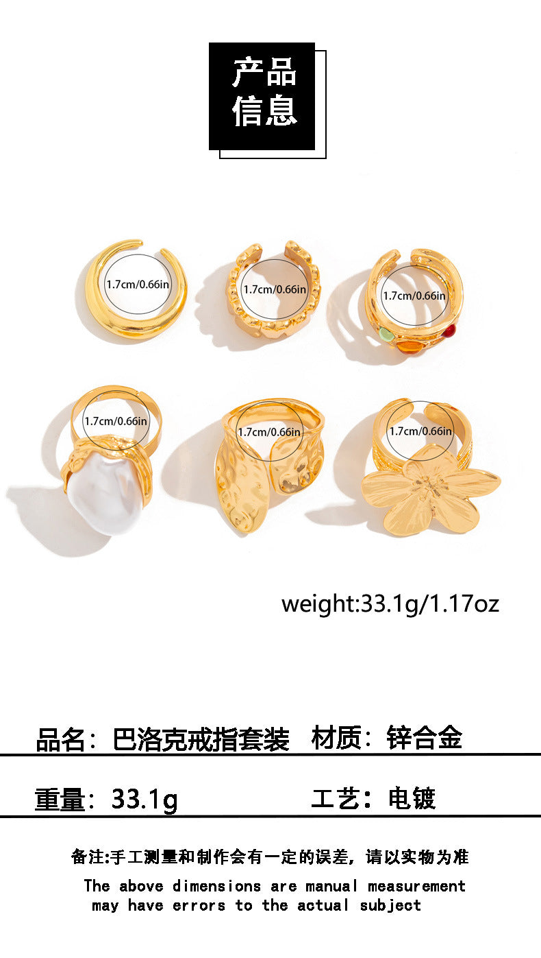 European and American Baroque-Style Faux Pearl Ring Set for Women, Niche Exaggerated Open Rings, Vintage Floral Rings