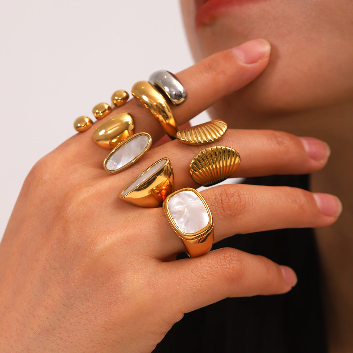European and American stainless steel shell opening ring inlaid white shell ring women's non-fading ring high-level color matching jewelry