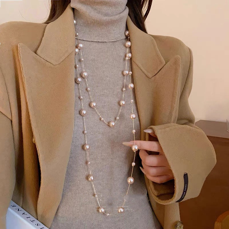 Shijiazu stacked with long pearl necklace women's light luxury temperament sweater chain Joker high sense autumn and winter necklace