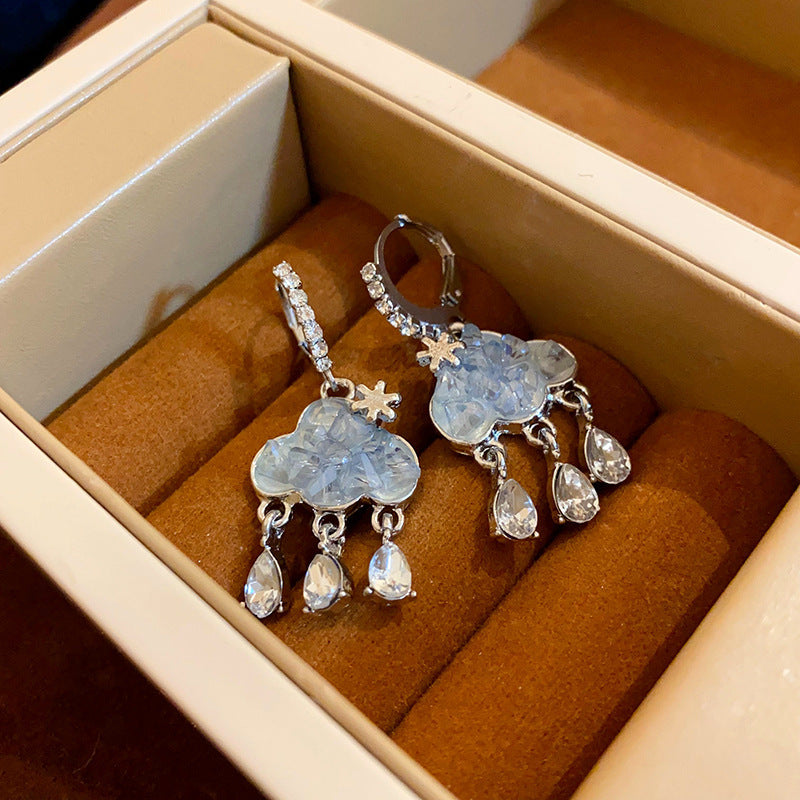 Unique Design Blue Rhinestone Earrings Cloud Tassel Earrings 2024 New Niche Accessible Luxury Versatile Earrings for Women
