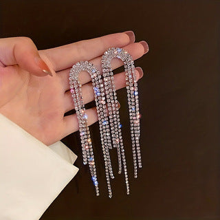 Silver Needle Diamond Geometric Tassel Earrings European and American Exaggerated Heavy Industry Design Earrings Fashion Niche Light Luxury Elegant Earrings