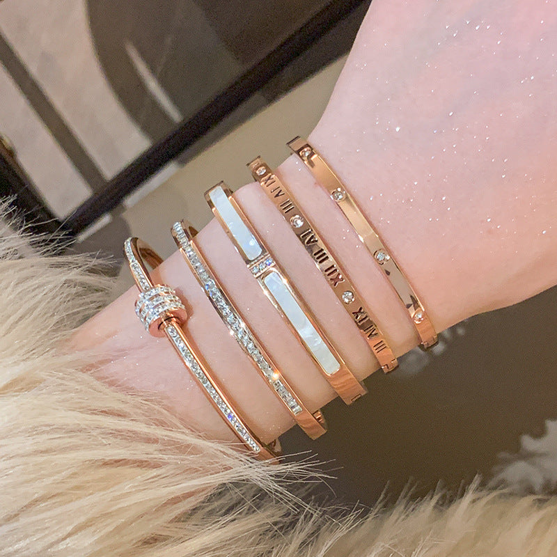 Rose Gold Titanium Steel Bracelet Women's High-end Bracelet Light Luxury Niche Zircon Bracelet Plain Ring Bracelet Hand Jewelry