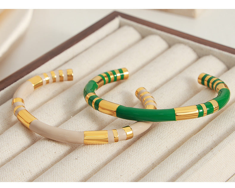 French Retro Bracelet Niche Design Personalized Wind Weight Glaze Bracelet Open Contrast Color Bamboo Gold-plated Bracelet for Women