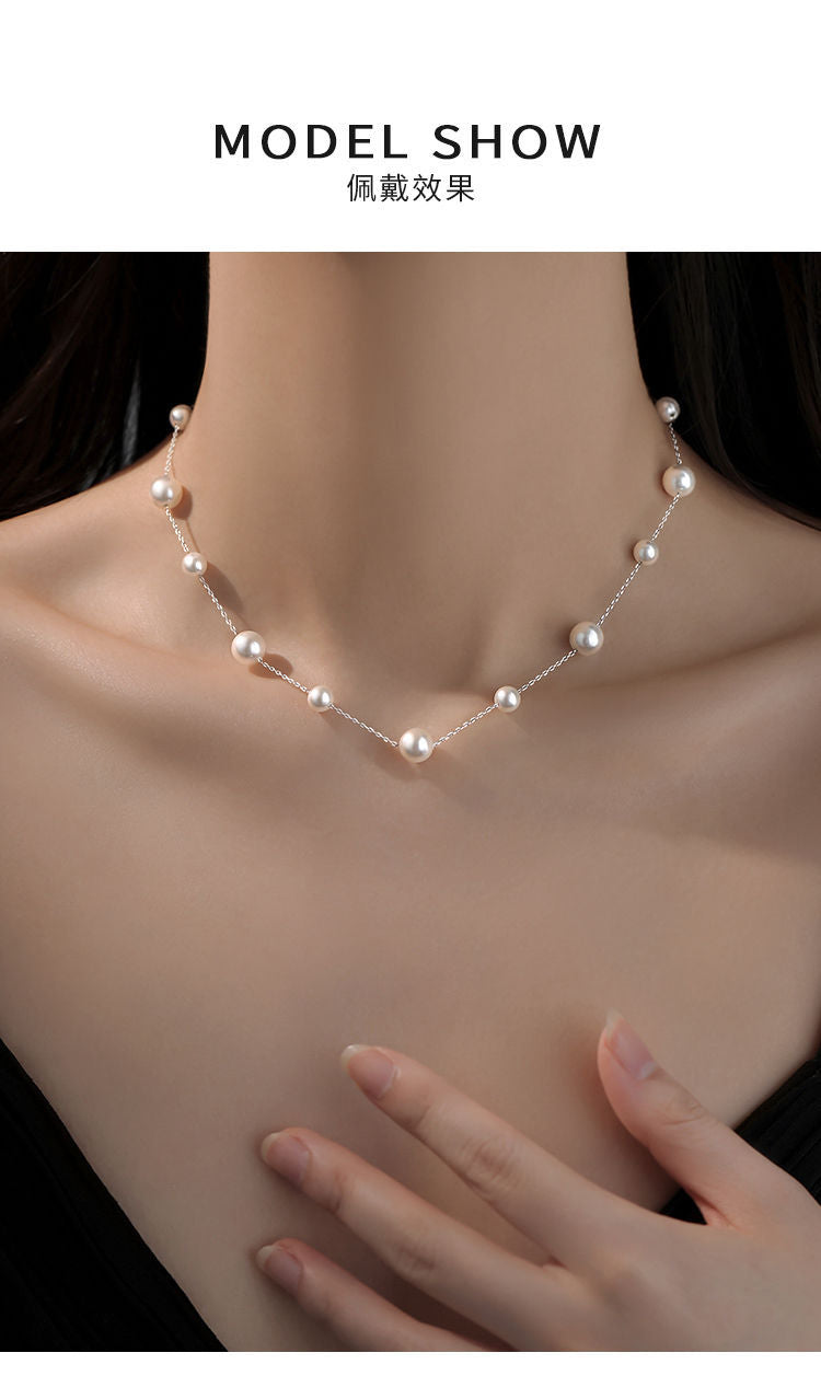 Gypsophila Pearl Necklace Women's 925 Silver Titanium Steel Perfect Round Light Luxury Niche High-End Clavicle Chain Sweater Chain