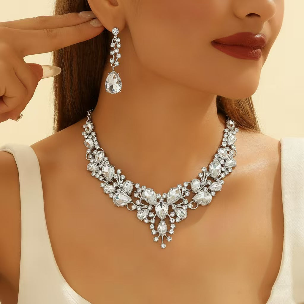 Amazon Cross-Border New European and American Light Luxury Necklace Earrings Wedding Jewelry Set Banquet Rhinestone Women's Jewelry