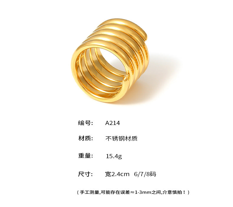 Baroque cross-border new geometric multi-layer winding wide version ring stainless steel plated 18k gold light luxury texture ring
