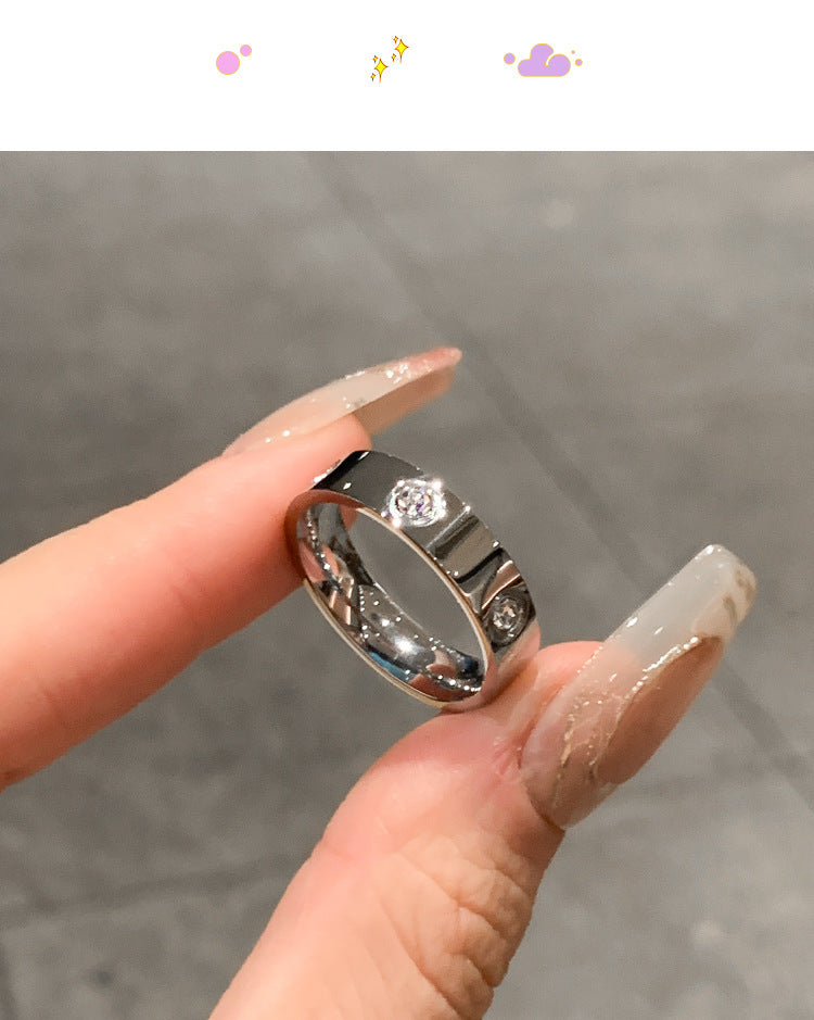 Six-Diamond Zircon Titanium Steel Ring for Women Stainless Steel Plain Ring for Women Accessible Luxury High-End Couple Ring Index Finger Ring