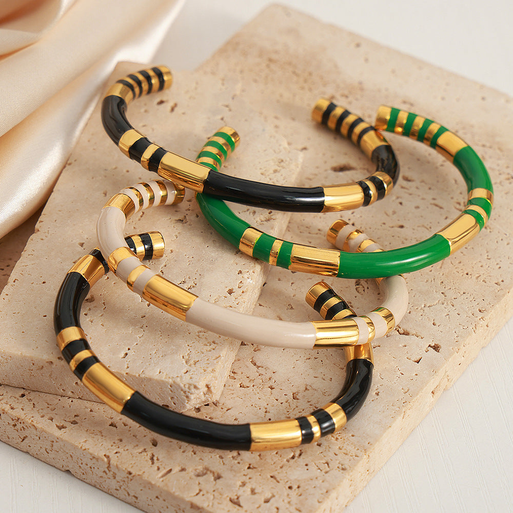 French Retro Bracelet Niche Design Personalized Wind Weight Glaze Bracelet Open Contrast Color Bamboo Gold-plated Bracelet for Women