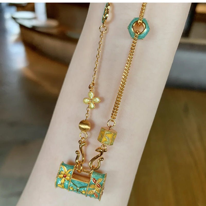 New Boutique Light Luxury High-grade Brushed Inlaid Zircon Enamel Longlife Lock Necklace Female Niche All-match Clavicle Chain