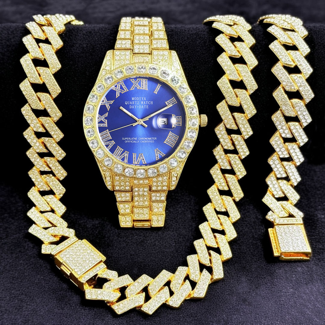 Women's 16-Piece Crystal Watch & Jewelry Set of Various Diamond-Encrusted Watches, Diamond-Shaped Cuban Bracelets and Necklaces