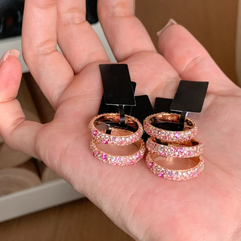 Gradient Pink Diamond Full Diamond Ring for Women, Accessible Luxury Style, French Style, Exquisite, Versatile, High-End, Open Index Finger Ring 2025 New Style