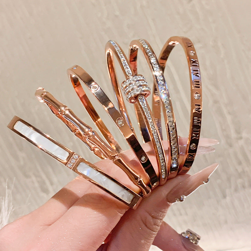 Rose Gold Titanium Steel Bracelet Women's High-end Bracelet Light Luxury Niche Zircon Bracelet Plain Ring Bracelet Hand Jewelry