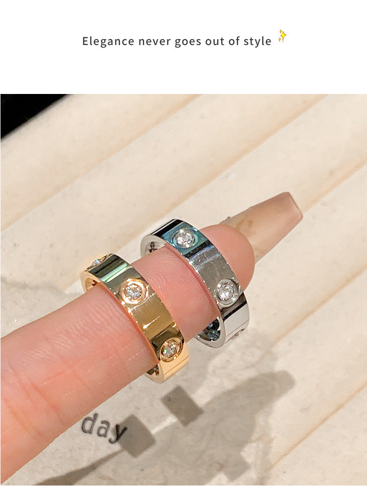 Six-Diamond Zircon Titanium Steel Ring for Women Stainless Steel Plain Ring for Women Accessible Luxury High-End Couple Ring Index Finger Ring