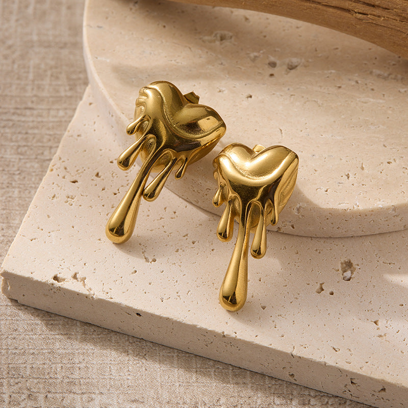 European and American Niche Design Melting Heart Earrings, Light Luxury Gold Lava Drop Heart-Shaped Earrings, Unique and Bold