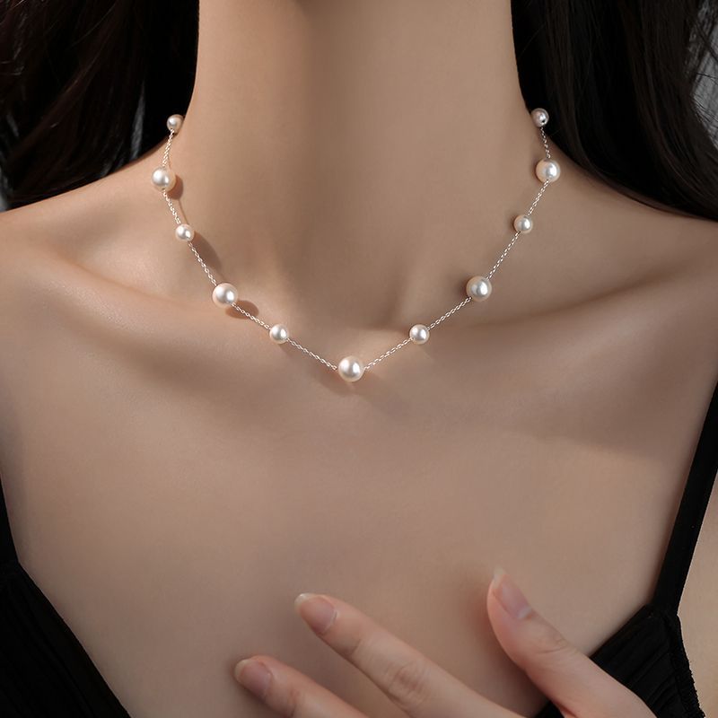 Gypsophila Pearl Necklace Women's 925 Silver Titanium Steel Perfect Round Light Luxury Niche High-End Clavicle Chain Sweater Chain