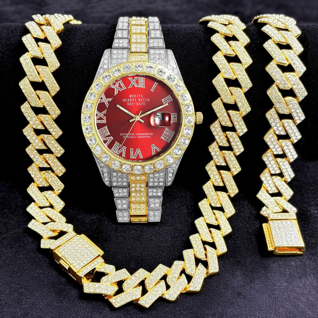 Women's 16-Piece Crystal Watch & Jewelry Set of Various Diamond-Encrusted Watches, Diamond-Shaped Cuban Bracelets and Necklaces