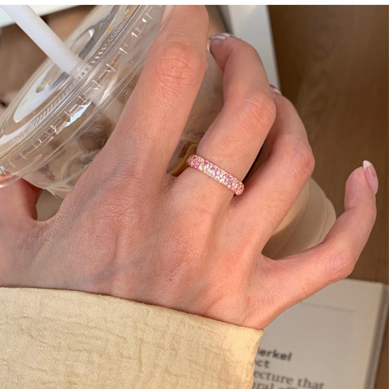 Gradient Pink Diamond Full Diamond Ring for Women, Accessible Luxury Style, French Style, Exquisite, Versatile, High-End, Open Index Finger Ring 2025 New Style