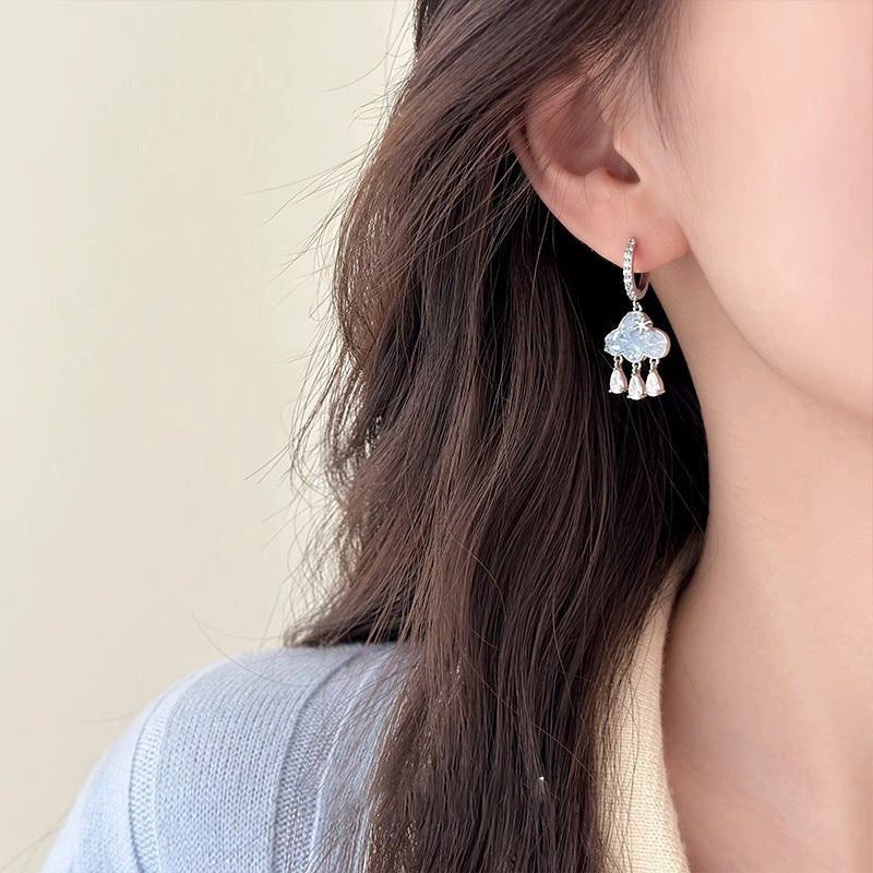 Unique Design Blue Rhinestone Earrings Cloud Tassel Earrings 2024 New Niche Accessible Luxury Versatile Earrings for Women