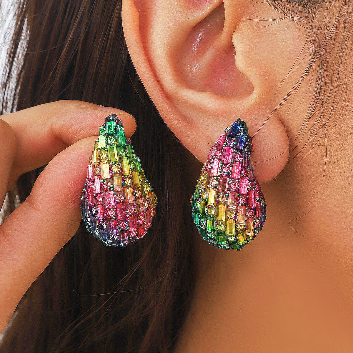 European and American Cross-border New Water Drop Round Stained Glass Full Diamond Light Luxury Earrings Fashion Earrings High-end Earrings for Women