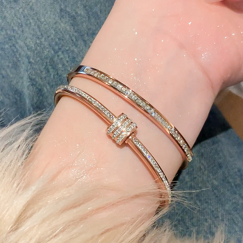 Rose Gold Titanium Steel Bracelet Women's High-end Bracelet Light Luxury Niche Zircon Bracelet Plain Ring Bracelet Hand Jewelry