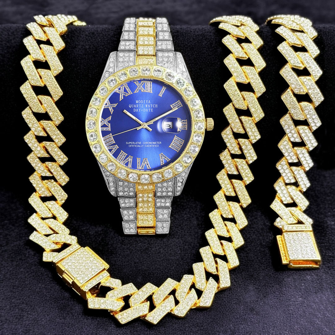 Women's 16-Piece Crystal Watch & Jewelry Set of Various Diamond-Encrusted Watches, Diamond-Shaped Cuban Bracelets and Necklaces