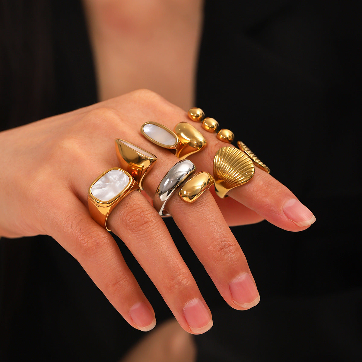 European and American stainless steel shell opening ring inlaid white shell ring women's non-fading ring high-level color matching jewelry